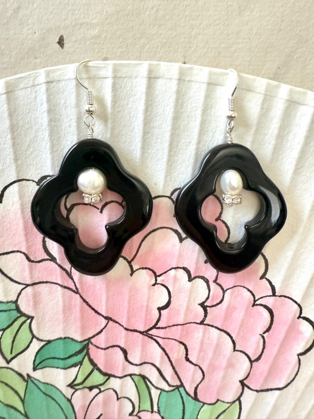 Handmade Black Floral Cutout Drop Earrings with Pearl Accent